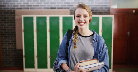Books, education and portrait of girl in high school for learning, scholarship and GCSE classes....
