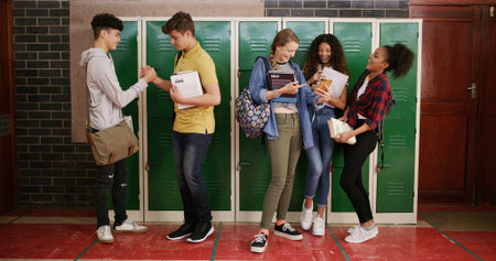 Students, group and friends at high school for story, gossip or learning at recess. Education, happy...