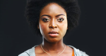 Serious, face or black woman in studio for ID picture, staff card or about us for company access....