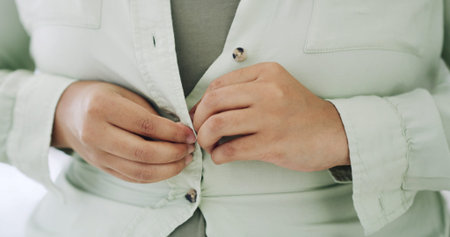 Hands, button and fitting suit for style, plus size fashion and overweight with jacket with morning...