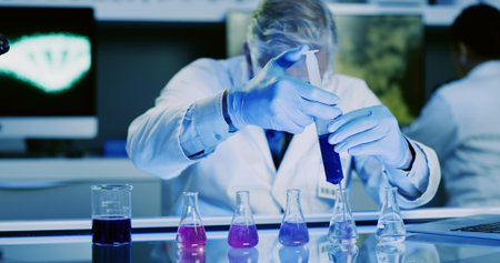 Pipette, man and scientist with beaker for test, chemical research or DNA experiment with blue...