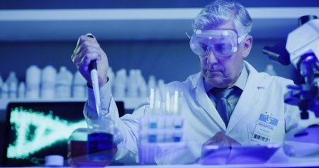Pipette, man and scientist with beaker for chemical test, research or DNA innovation with blue...