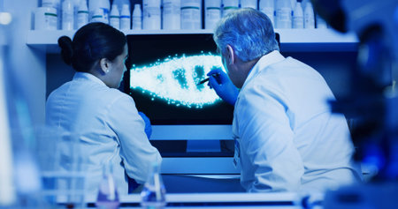 DNA, scientists and team with monitor in lab, pointing and molecular research for innovation on web....