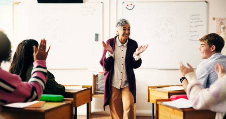 Teacher, students or woman excited in classroom, education or motivation for natural science...