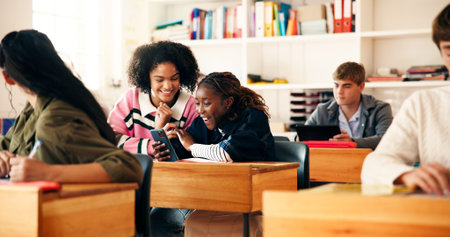 High school, success and happy friends with phone in classroom for exam results or online report....