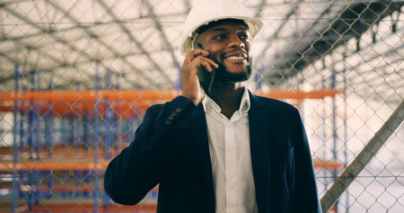 Phone call, engineer and black man at warehouse for shipping, supply chain or freight logistics....
