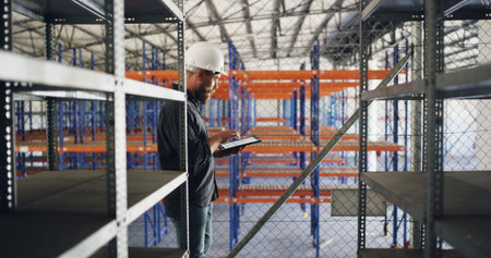 Man, tablet and supervisor at warehouse for logistics inspection, checklist and inventory...