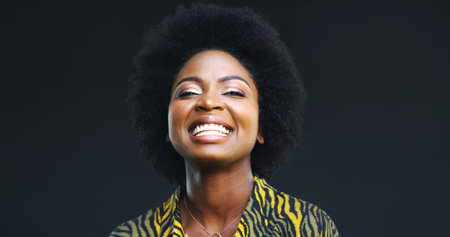 Makeup, happy and portrait of black woman in studio for cosmetics, confidence and aesthetic. Self...