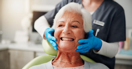 Results, smile and senior woman at dentist for teeth whitening, dentures or oral hygiene....