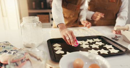 Baking, hands and biscuits on tray in kitchen for teaching, bonding or fun activity together in...