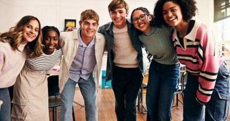 Portrait, high school and students in classroom, education and smile with support. Scholarship,...
