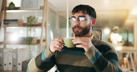 Coffee, glasses and online with business man in office for planning, caffeine fix and project...