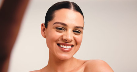 Portrait, selfie and woman with smile, skincare or profile picture for beauty update on social...