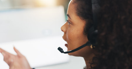 Profile, call center agent and woman with customer service, help desk or language translation....