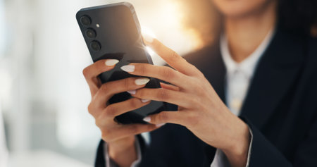 Hands, business and woman with phone in office for research, contact source and confirm schedule....