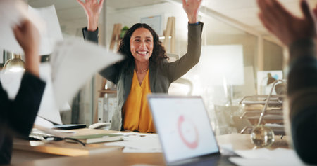 Business woman, celebration and throw documents with team for win, media campaign success and stats....
