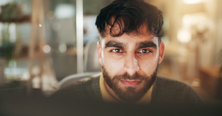 Online, man and employee with computer in office, search or financial analyst with project at night....