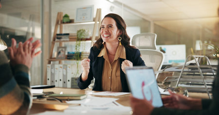 Business people, celebration or excited in meeting with professional win, media campaign success and...