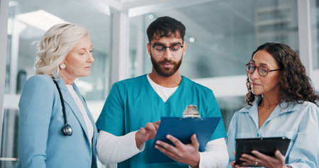 Doctor, clipboard and people in hospital, teamwork and support with feedback, information and help....