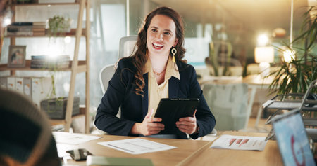 Business, night and woman with tablet, financial agency and charts for investment profit. Evening,...