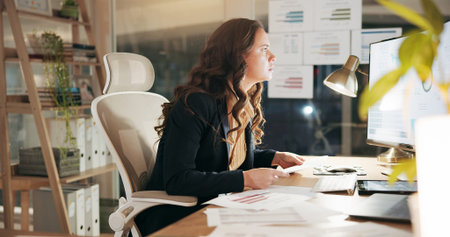 Business, night and woman with computer, stress and financial agency with inflation. Evening, person...