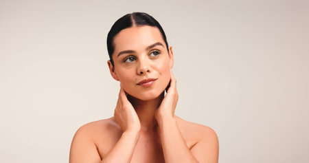 Thinking, skincare and woman in studio, shine and dermatology on white background. Mockup space,...