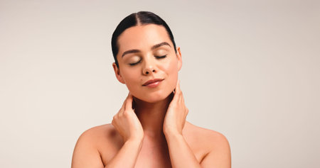 Skincare, woman and beauty in studio for self care, wellness or glow on white background. Mockup...