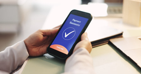 Hands, phone screen and ecommerce for payment, transaction or banking in office. Fintech, smartphone...