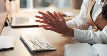 Computer, hands and video call with business person at desk in office for feedback or update....