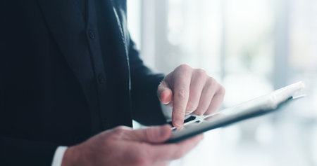Scroll, tablet and hands with business man in office for stock broker, research and investment...