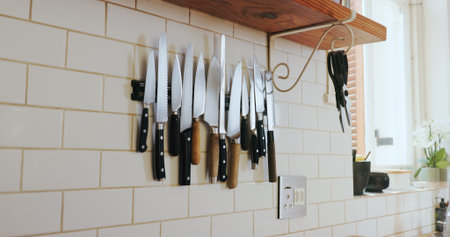 Kitchen, wall and magnetic knife holder with cooking equipment for catering in small business. Steel...