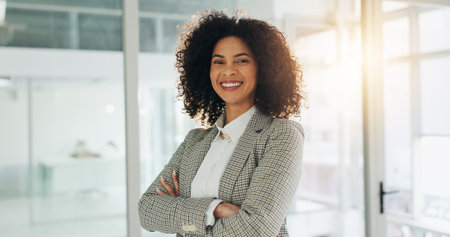 Portrait, business or woman in office with confidence, leader or space in public relations. Happy,...