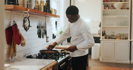 Cooking, frying pan and steak with black man in kitchen of home for meal preparation or recipe....