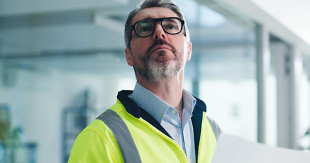 Thinking, architect and mature man with blueprint, inspection and planning for property development....