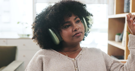 Music, remote work and vision with woman in home office for small business or startup career....