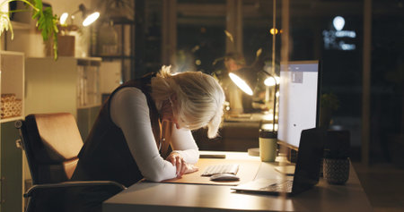 Frustrated, business woman and night with burnout for overworked pressure, deadline or stress....