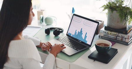 Business woman, laptop and statistics with chart for performance review or analytics in office....