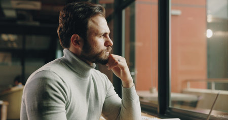 Thinking, office and business man by window with idea for project solution, company decision and...