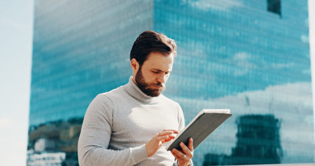 Tablet, outdoor and businessman in city with research for finance report with company budget....