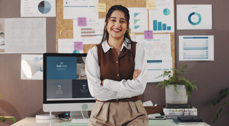 Arms crossed, portrait and business woman in home office for seo specialist, kpi tracking or...