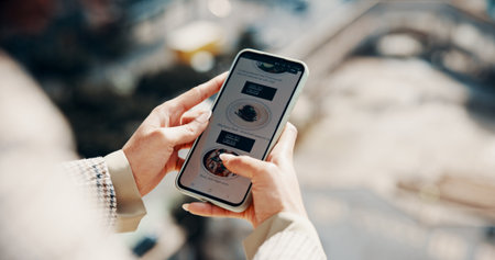 Business woman, hands or phone screen with fast food app for delivery order, lunch break or menu choice. Above, outdoor and employee with search option for takeaway meal, online shopping or ecommerceの写真素材