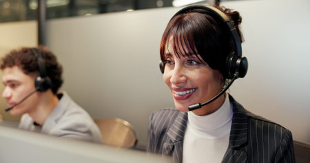 Woman, smile and headset at call center with mic, feedback or customer care at investment agency....