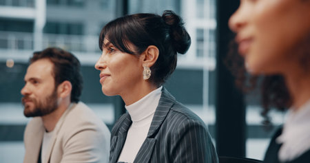 Business, listening and woman in office, meeting and positive feedback for investment proposal....