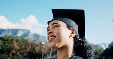Woman, college student and thinking outdoor for graduation at campus for memory, reflection or...