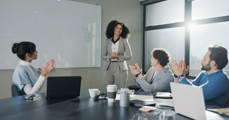 Woman, presentation and team with applause in boardroom, finance and motivation at investment...