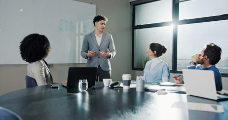 Business, people and man at whiteboard in meeting for finance pitch, investment request or proposal....
