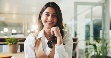 Happy, portrait and woman in office for business growth, administration and about us in consultancy....