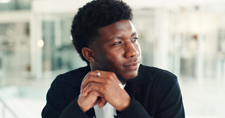 Serious, business and thinking with black man in office for vision, finance planning and budget...