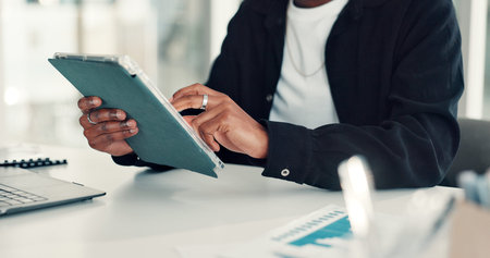 Tablet, research and hands of businessman in office with email, communication or contact. Digital...