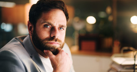 Thinking, portrait and business man in office for account manager, reflection and night report....
